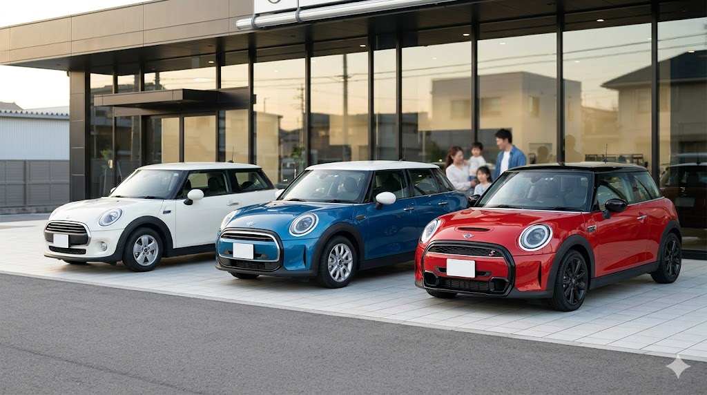 日本のディーラーに並ぶ、ミニワン（3ドア）、ミニクーパー（5ドア）、ミニクーパーS（3ドア）の外観比較。グレードごとの違いが分かる。
