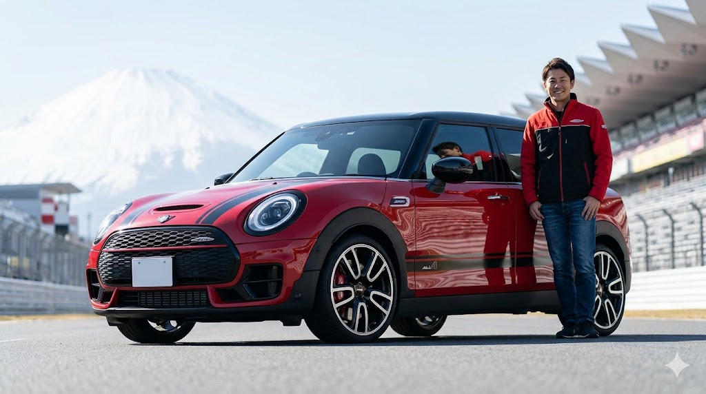 日本のサーキット（富士スピードウェイ）に停まる、高性能モデルのミニ・ジョンクーパーワークス（JCW）クラブマンALL4と、笑顔の日本人オーナー
