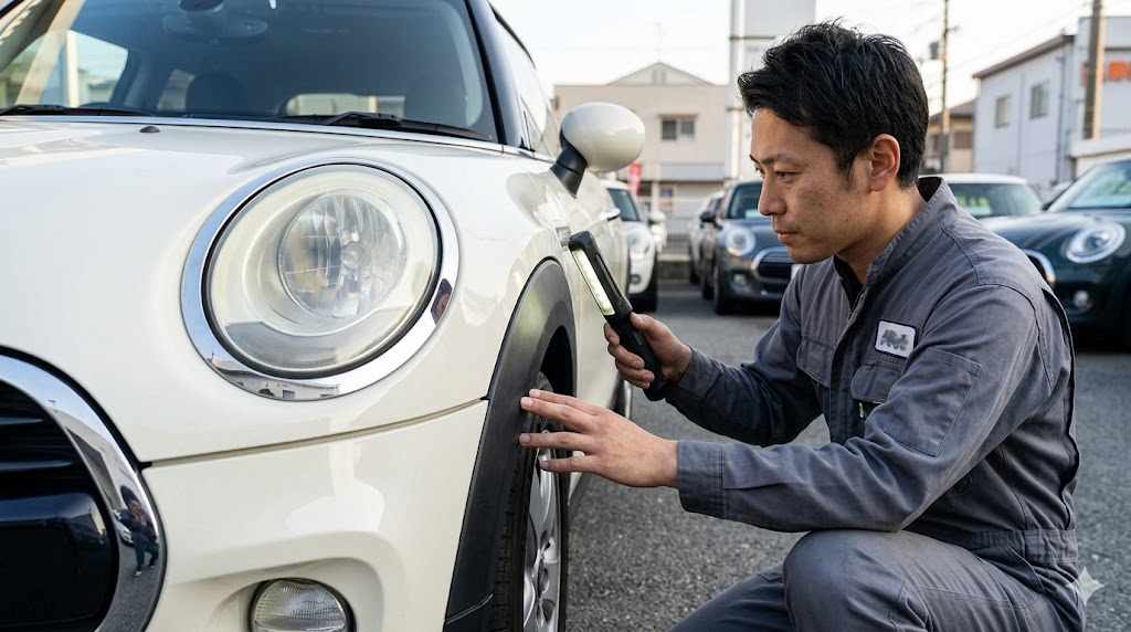 中古車販売店で、ミニクーパー（F56）の外装樹脂パーツ（フェンダーモール）の白化や劣化状態を入念にチェックする日本人男性オーナー