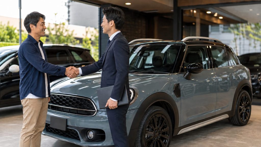 輸入車専門店でミニ カントリーマン風SUVの売却契約をする日本人男性