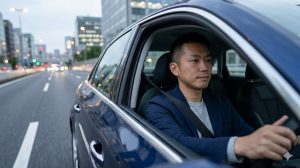東京の高速道路を夕暮れ時にアウディA4で走行する、考え深い表情の日本人男性ドライバー。外車のリセールバリューについて思案している様子。