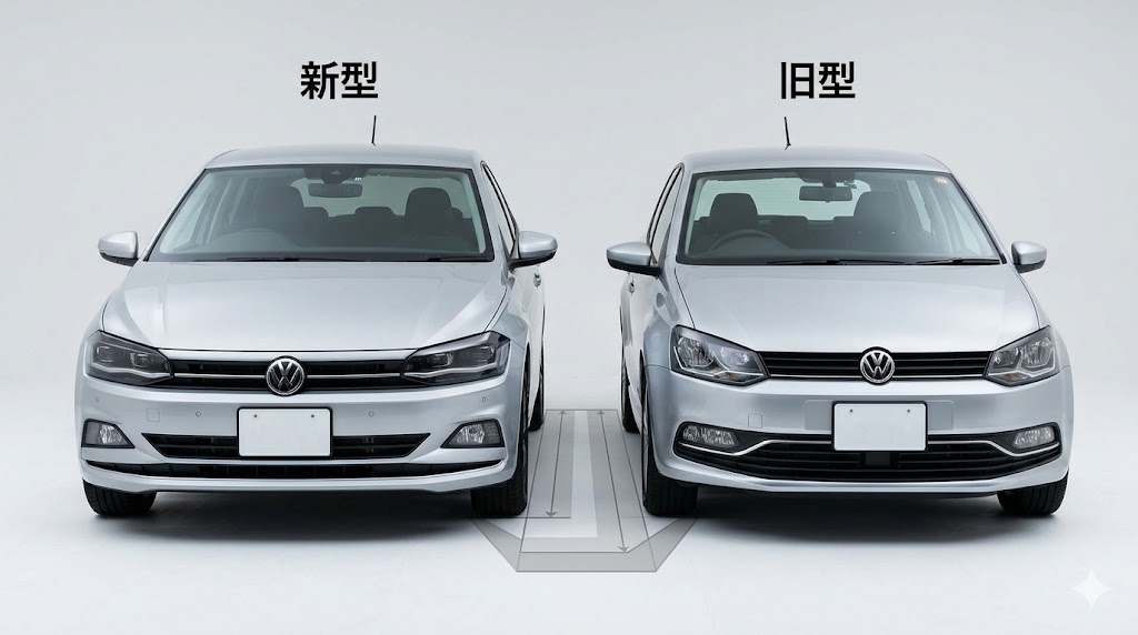 新型と旧型のフォルクスワーゲンポロを並べた比較画像。どちらもシルバーで、世代間のデザイン進化とサイズ感の違い（新型がわずかに大きい）を視覚的に示している。