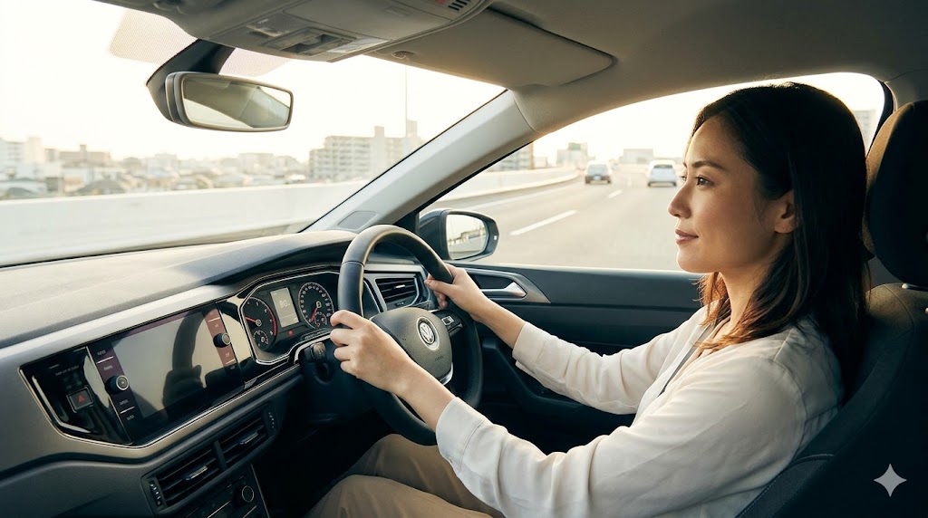 夕暮れ時の日本の高速道路を、安定した走りで進むフォルクスワーゲンポロの運転席の様子。アジア人の女性ドライバーがリラックスした表情でハンドルを握り、車の重厚な直進安定性を感じさせている。