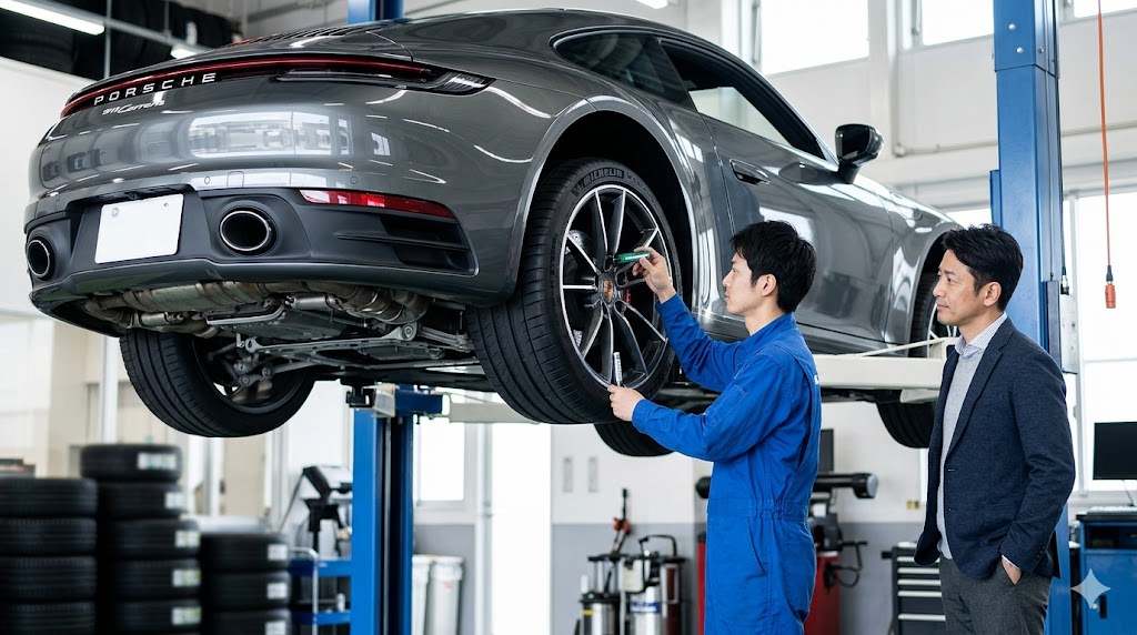 油圧リフトで持ち上げられたグレーのポルシェ911(992)。