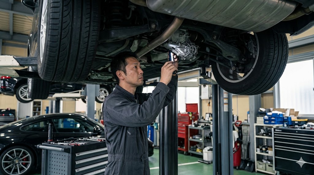 リフトアップされたポルシェカイエン(958型後期)の下回りで、日本の専門整備士が4WDシステムの中枢であるトランスファーケース周辺を点検している様子。