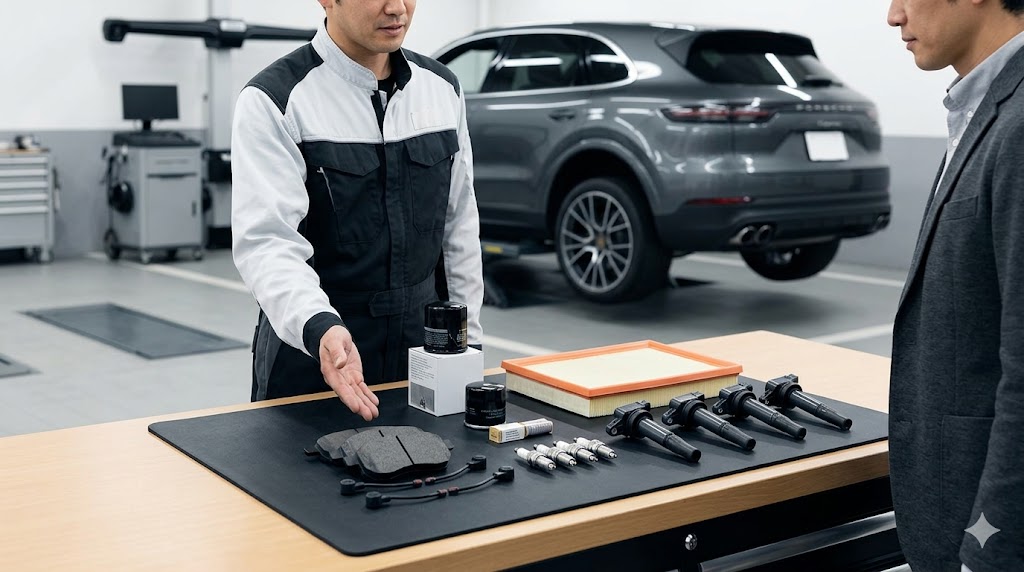 カイエン専用の高スペックな消耗部品(新品のブレーキパッド、イグニッションコイル、スパークプラグ、オイルフィルター)が、日本の専門整備工場の清潔な作業台に美しく並べられている様子。