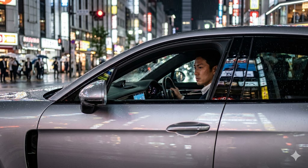 信号待ちをするシルバーの新型ポルシェ パナメーラ（972型）