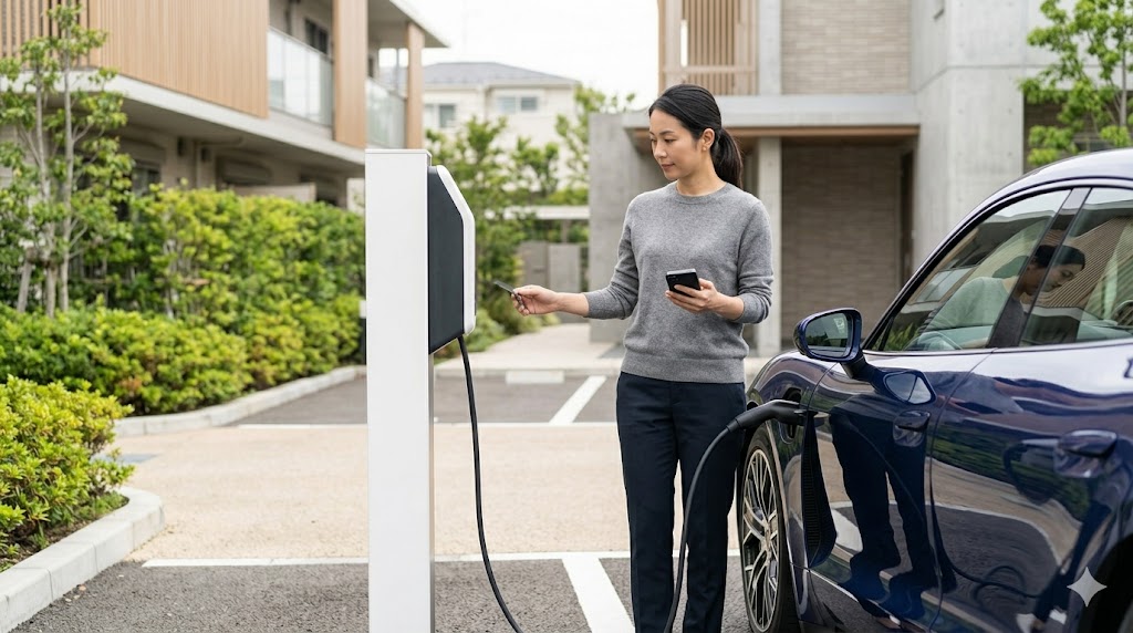 日本の都会的な高級マンションの駐車場で、柔らかい日差しの中、ダークブルーのポルシェタイカンを充電する日本人女性