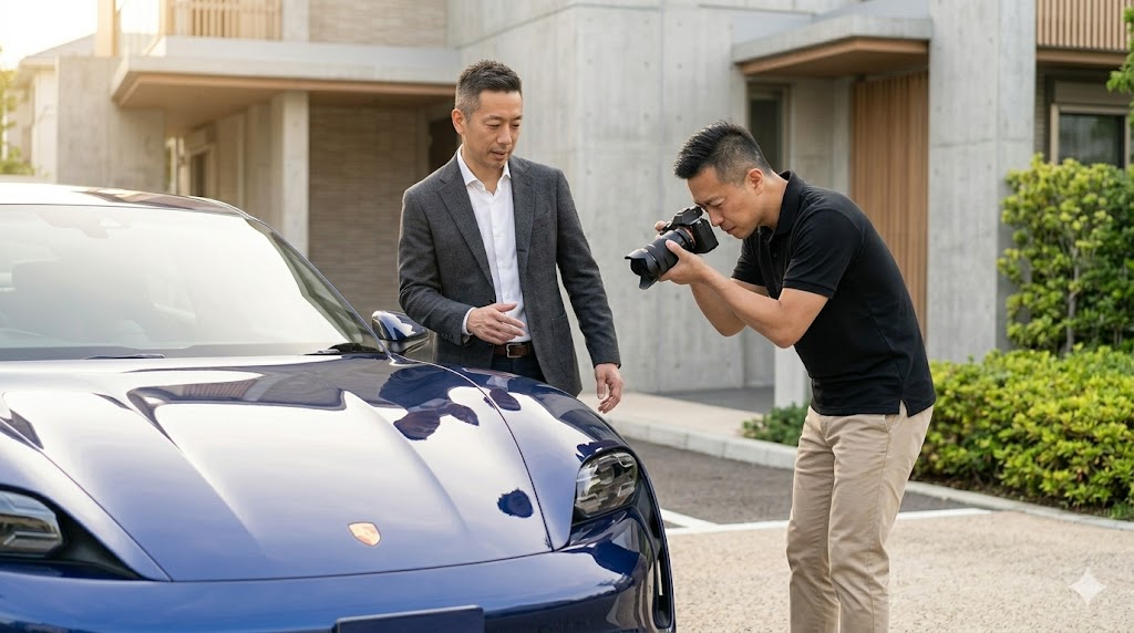 日本の高級住宅街の自宅ガレージ前で、ダークブルーのポルシェタイカンを前に、外車専門買取業者の査定士