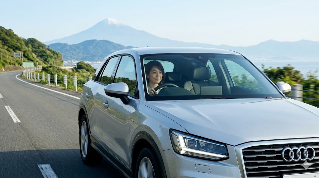 海沿いの道を快適にドライブするアウディQ2と笑顔の日本人女性ドライバー。プレミアムなSUVライフをイメージさせる1枚。