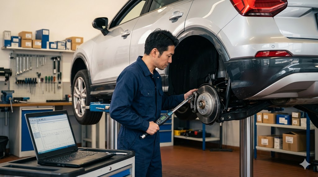 信頼できるドイツ車専門の民間整備工場で、リフトアップされたアウディQ2を丁寧に整備・点検する日本人整備士。ディーラー以外での維持費抑制のイメージ。