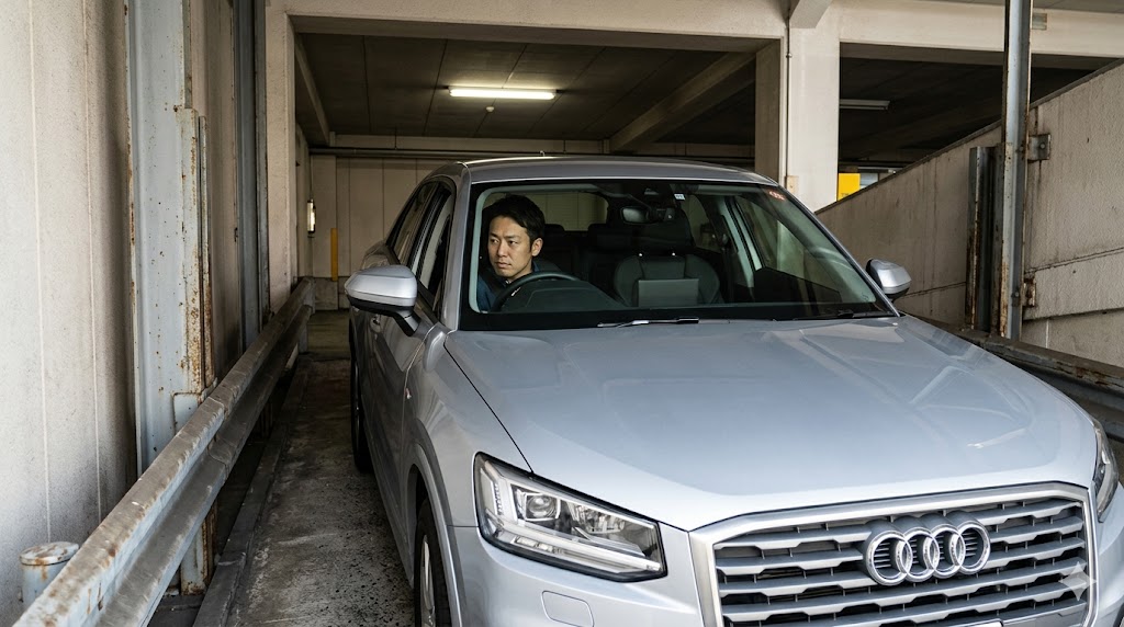 日本の古い立体駐車場（パレット式）の狭い入口に、車幅ギリギリで進入するアウディQ2と集中する日本人ドライバー。全幅1,795mmによる日常の使い勝手の難しさを表現。