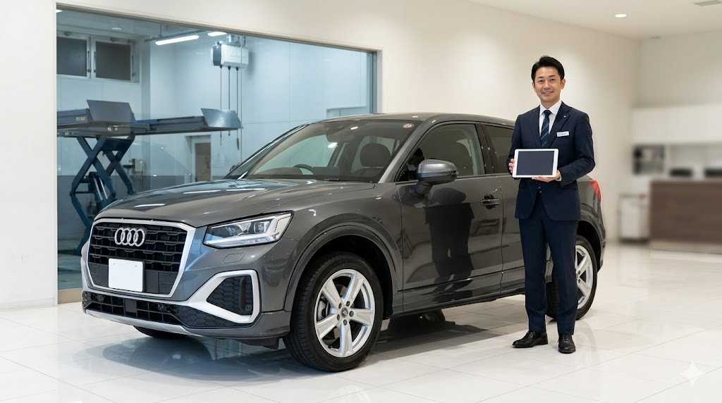 清潔な中古車販売店のショールームで、状態の良い中古のアウディQ2（後期型）の横に立つ笑顔の日本人販売店スタッフ。信頼できる中古車選びをイメージ。