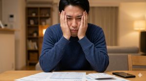 外車の高額な修理見積もりを前に、自宅のテーブルで頭を抱えて絶望する日本人男性の様子。E-E-A-T向上のため、修理代が払えない状況の深刻さを伝えるビジュアル。