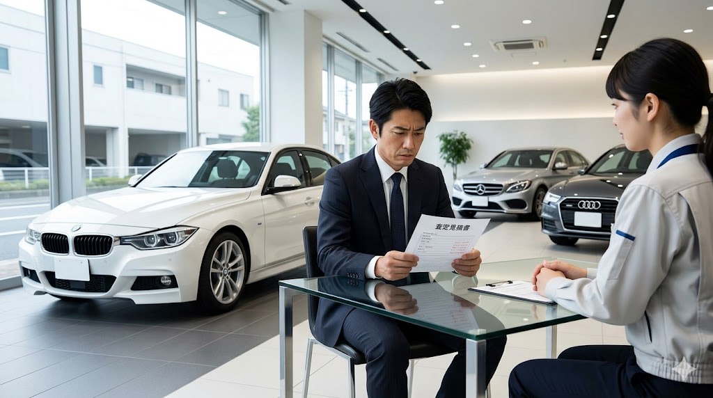 ディーラーの査定金額が低くてショックを受ける日本人男性の様子。外車下取りが安い現状を表現。