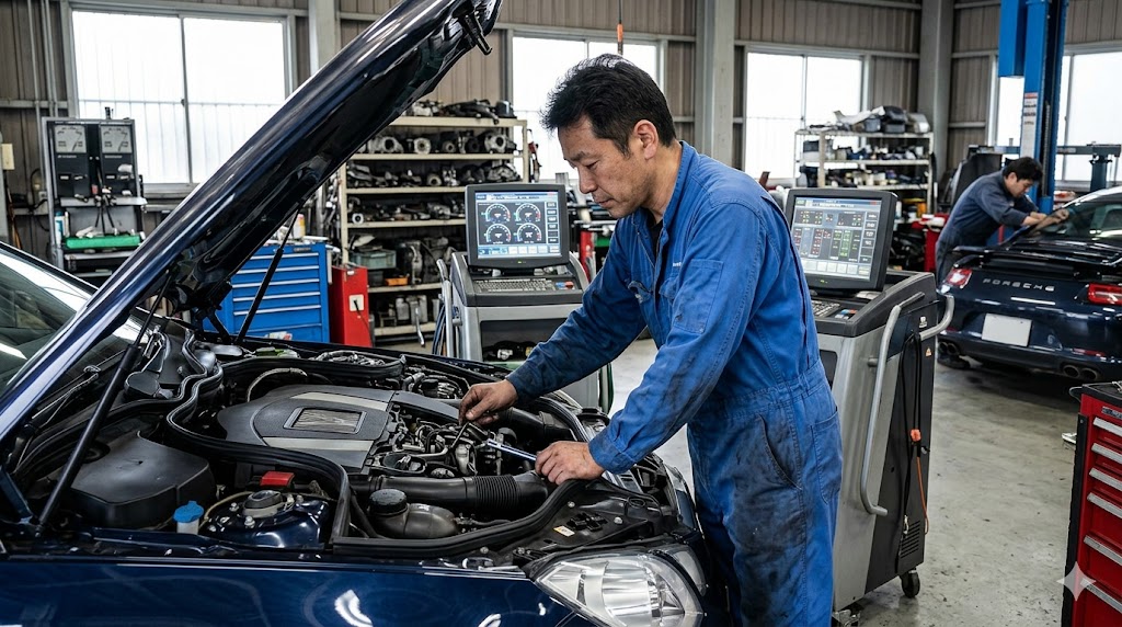 複雑な欧州車のエンジンを専門機器で診断・整備する日本人整備士。輸入車特有の維持費の高さを象徴。