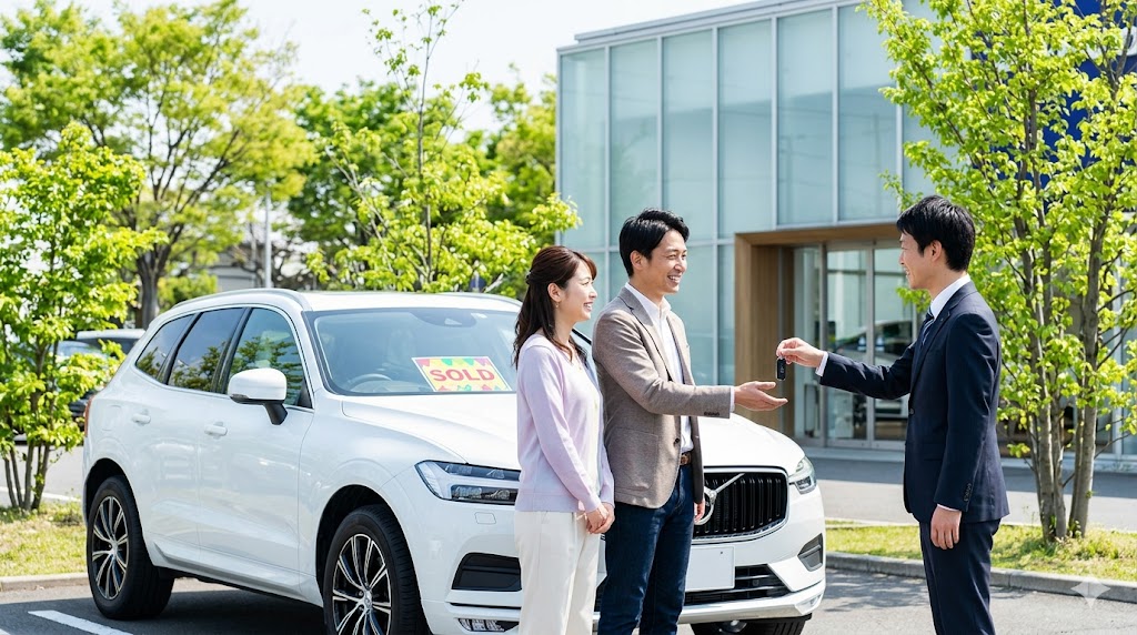 春の明るい日差しの中、満開の桜の木の下で、白い外車（SUV）を笑顔で売却する日本人夫婦。最適な売却タイミングを表現。