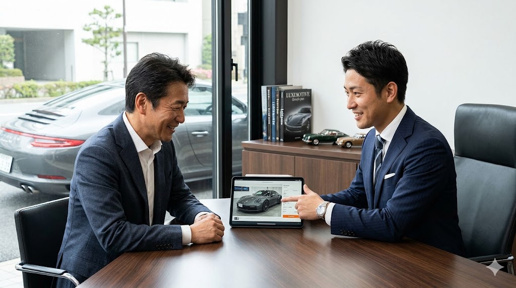 輸入車専門買取店のスタッフから、愛車（ポルシェ911）の希少価値やオプションについて丁寧な説明を受け、納得の表情を浮かべる日本人男性。専門知識による高額査定を表現。