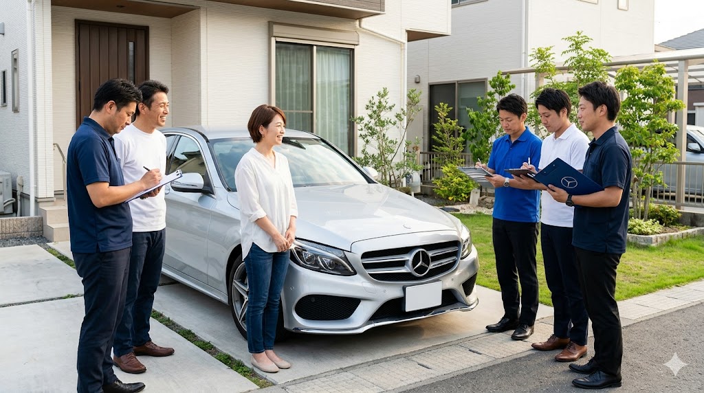 自宅の前で、愛車（メルセデス・ベンツCクラス）を囲み、複数の異なる買取業者のスタッフが同時に査定を行っている様子。競合による高額査定を引き出す手法を表現。