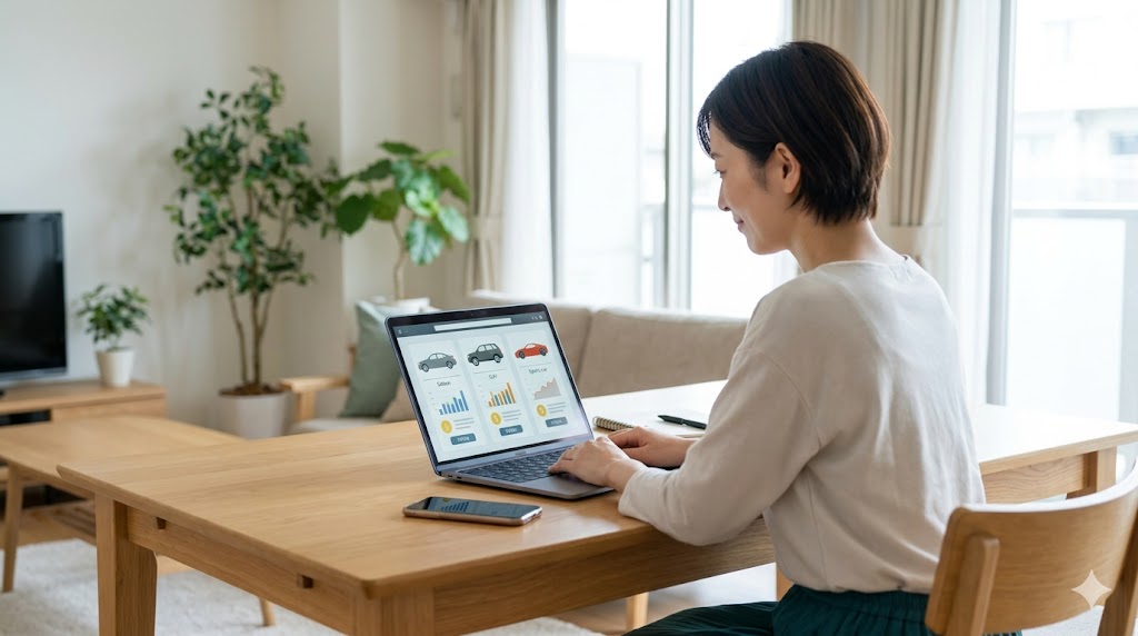 自宅のリビングで、ノートパソコンを使って車の一括査定サービスを利用する日本人女性。複数の買取業者からの見積もりを効率的に比較している様子。
