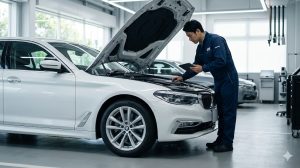 日本の輸入車ディーラーで、新車保証期間中に点検を受ける白い高級外車と、エンジンを精密検査するアジア人整備士の様子。3年目車検前の高いリセールバリューを維持するための完璧なメンテナンス。