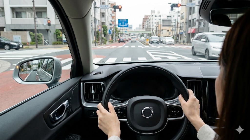 東京都内の複雑な道路環境で、ウインカーレバーを操作する日本人女性ドライバーの手元。短い点滅回数への戸惑いを表現。