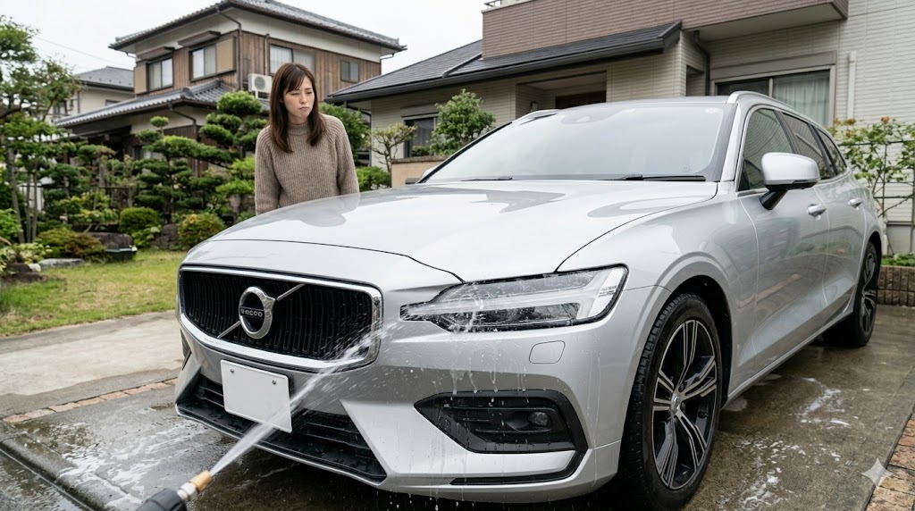 晴れた日にボルボV60のヘッドライトウォッシャーが自動作動し、フロントバンパーやボディに洗浄液が飛び散って汚れた様子。