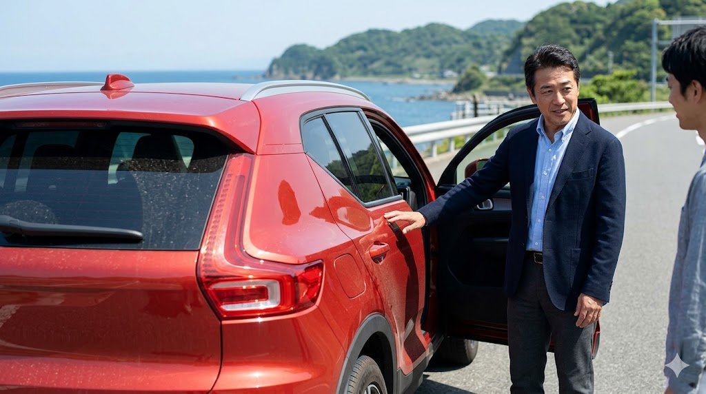 晴れた日のドライブウェイで、友人または査定員と笑顔で話すボルボXC40（赤）の日本人オーナー。リセールバリューの高さを象徴。