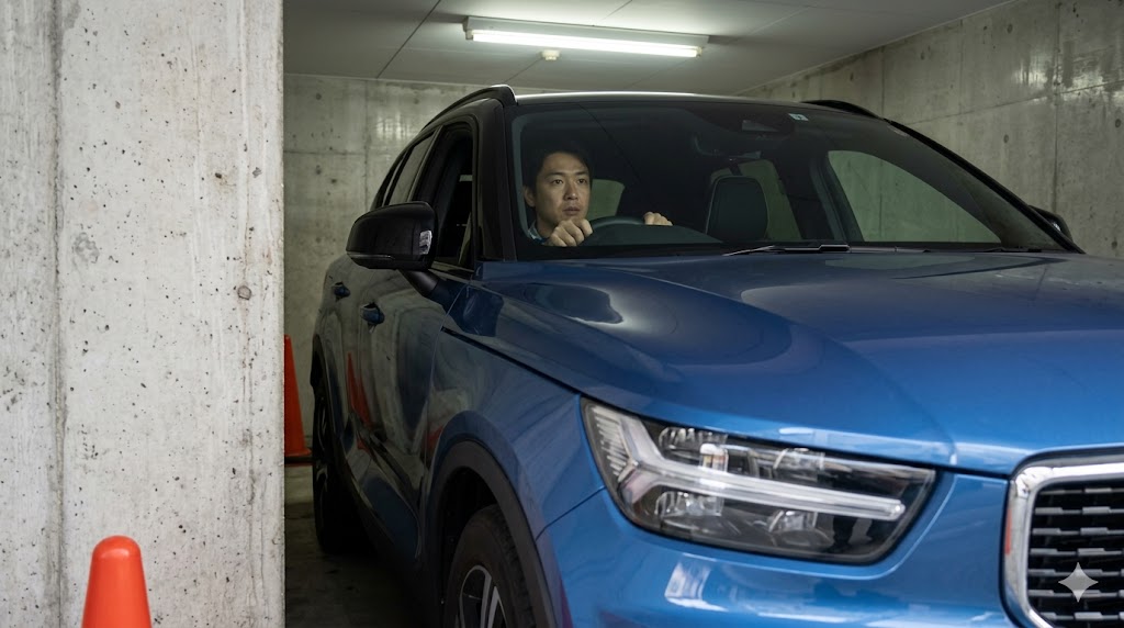 非常に狭い日本の住宅街のガレージで、慎重にバック駐車をするボルボXC40。障害物センサーのシビアな介入を意識させるシチュエーション。