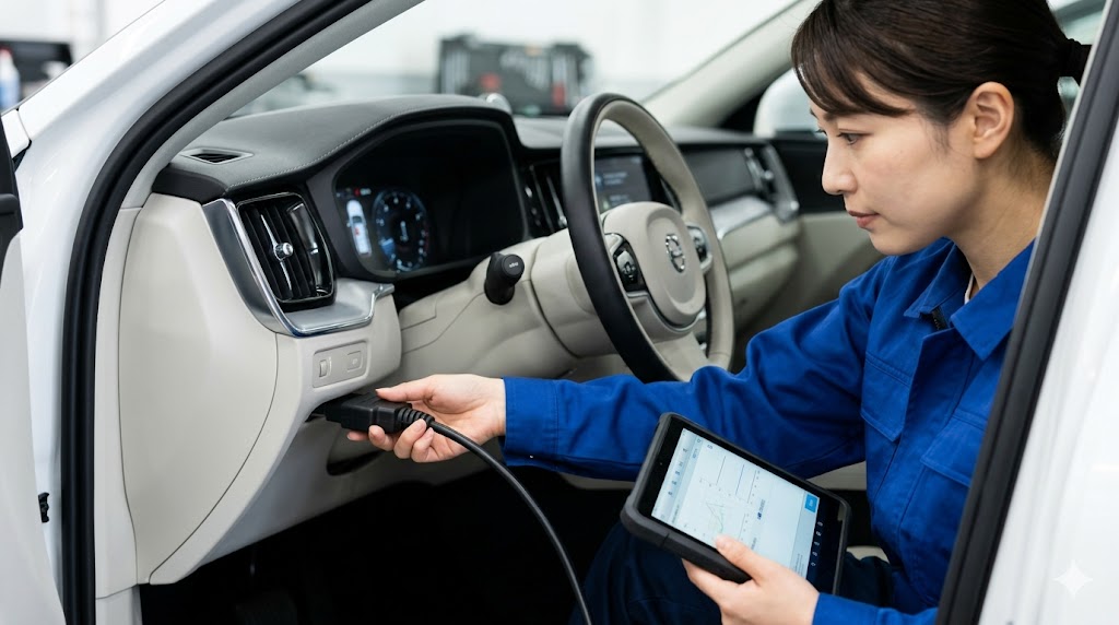 取り外されたボルボXC60の大型ハイブリッドバッテリーパックを、清潔な整備工場で点検する2人の日本人整備士。複雑なPHEVシステムのメンテナンス。