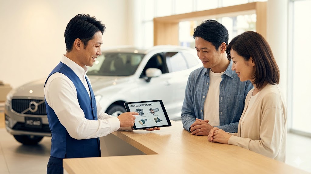 リフトアップされた白のボルボXC60のブレーキ周りを整備する、グレーの作業着を着た日本人女性整備士。民間整備工場でのメンテナンス風景。