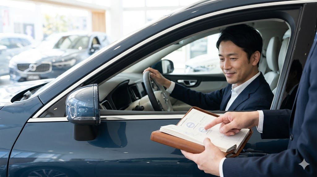 ボルボの認定中古車展示場で、日本人販売員から整備記録簿の提示を受ける男性。過去のメンテナンス履歴を確認する様子。