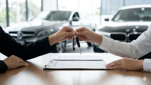 外車販売店にて、アジア人の男性客が車のキーとローン契約書類を交換し、残債のある車の売却手続きを行っている様子。