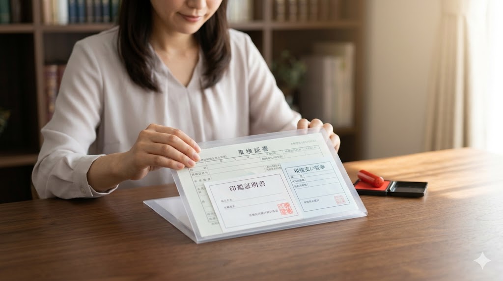 デスクの上で、車検証、印鑑証明書、自動車税納税証明書など、外車の所有権解除と売却に必要な重要書類を整理する日本人女性の手元。