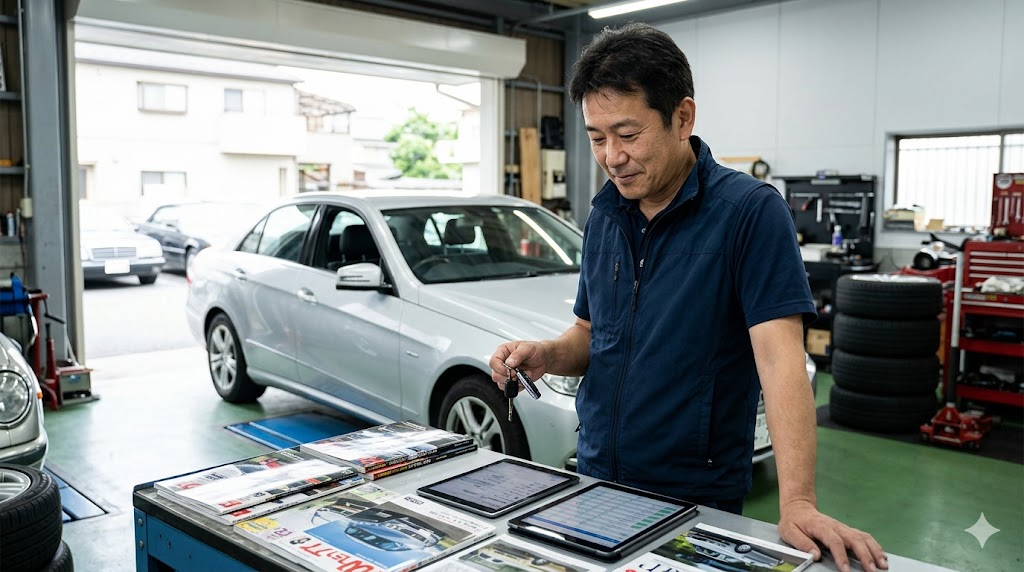 日本人男性の元車メディアライターが、ガレージで外車の査定について考えている様子。E-E-A-T向上のための画像。
