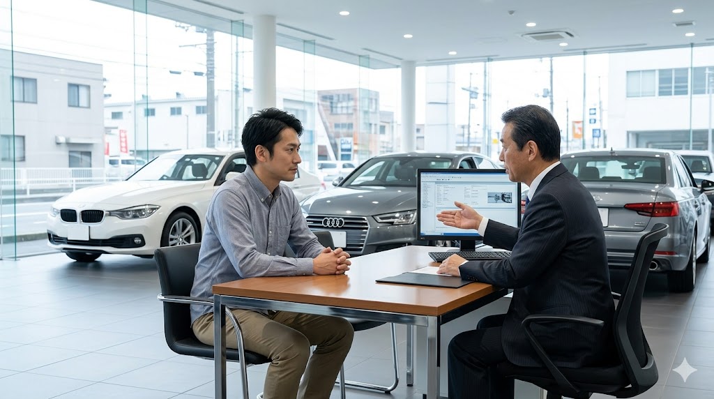 明るい輸入車ディーラーのショールームで、日本人男性が営業担当者から下取り査定の説明を聞いている。外車下取りのリスクを想起させる画像。