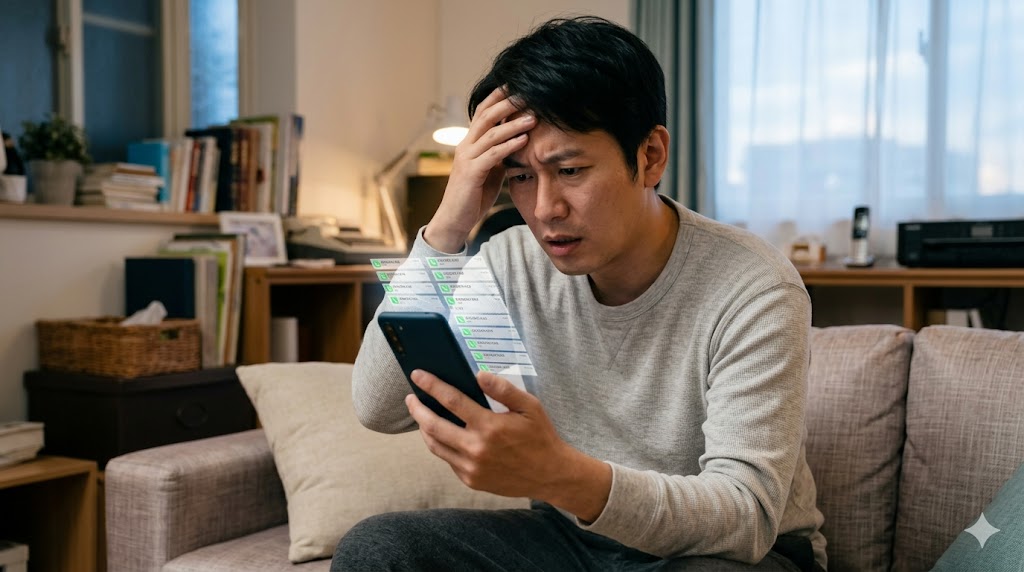 自宅のリビングで、鳴り止まないスマートフォンの画面を見て困惑するアジア人男性。車買取一括査定の電話ラッシュの不安を表現。