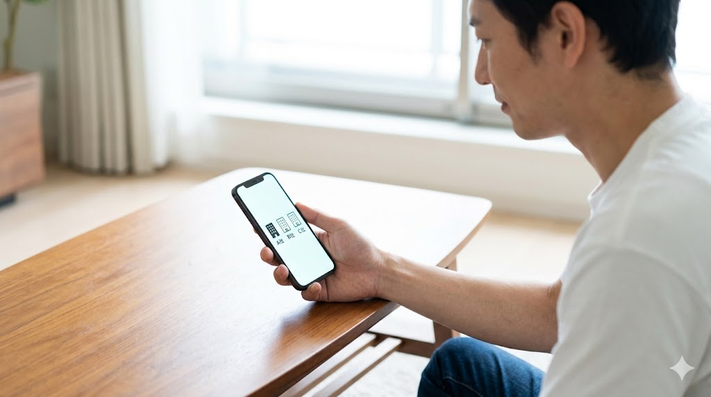 明るいリビングで、日本人男性がスマートフォンの画面を落ち着いて見ている。画面には「3社」を象徴するシンプルなアイコンが表示され、CTN一括査定の電話が少ない仕組みを表現。