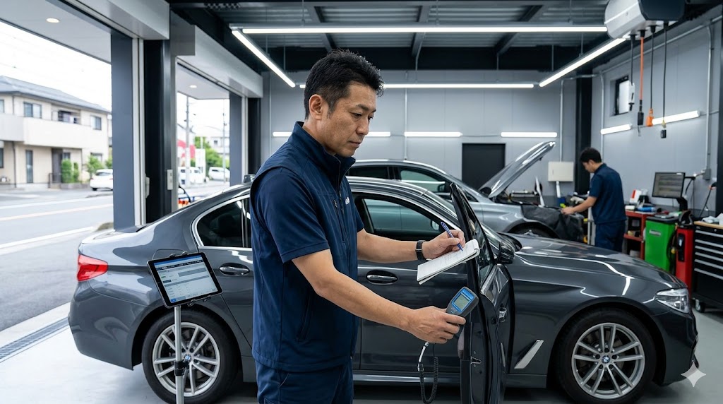 専門的な外車買取専門店で、日本人査定士が詳細な実車査定（現車確認）を行っている様子。CTN一括査定が実車ベースを重視していることを表現。