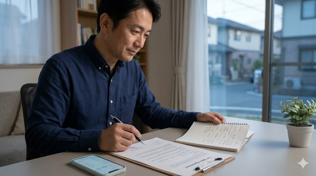 自宅の書斎で、日本人男性が車の売買契約書を前に、ペンを持ったまま慎重に考えている。契約後のキャンセルリスクを想起させ、安易なサインを自制する様子。