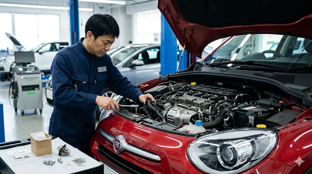 整備が行き届いた日本の自動車整備工場で、熟練の日本人整備士がフィアット500Xのエンジンルーム内でサーモスタット交換作業を行う、計画的な消耗品管理の重要性を示す画像。