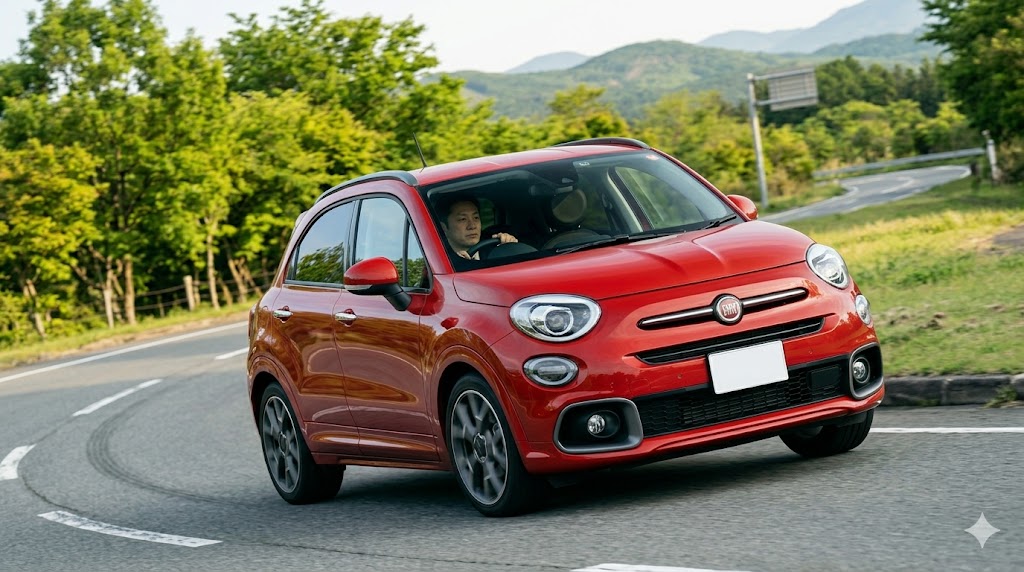 連続する日本の山岳コーナーを、13mmローダウンされたフィアット500X Sportが、ロールを抑えてリズミカルに駆け抜ける、高いシャシー性能とドライビングの楽しさを捉えた画像。