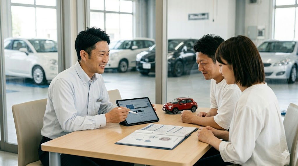 フィアットディーラーの落ち着いた商談スペースで、日本人サービスアドバイザーが整備記録や専門資料を提示しながら、顧客に最適な500Xのグレード選びをコンサルティングする、納得の選択を支援するシーン。