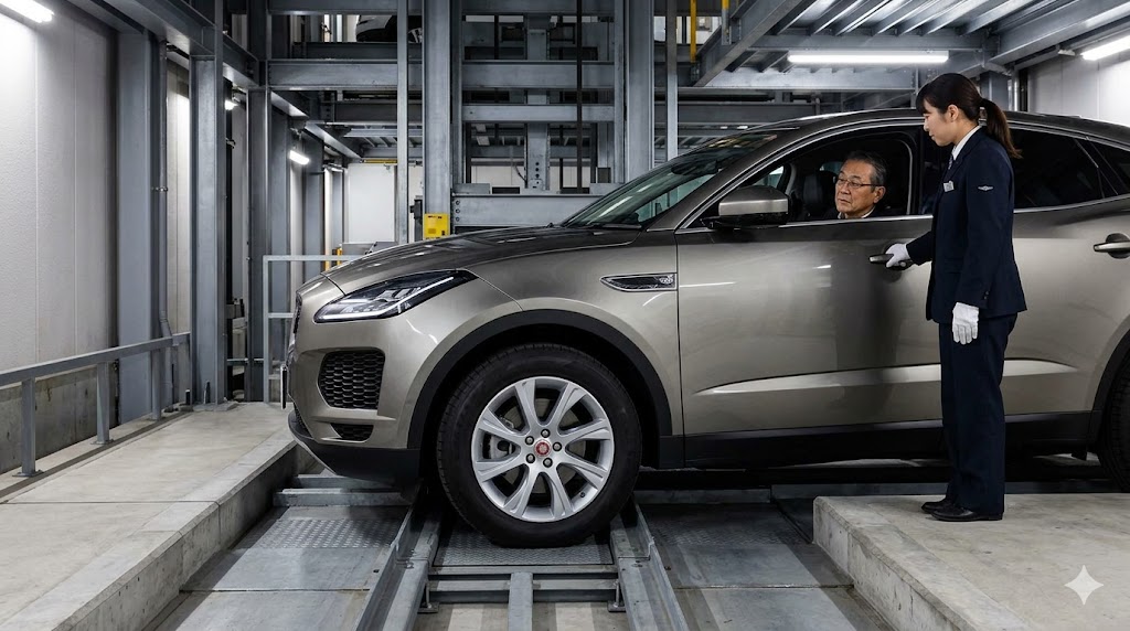 日本の狭い機械式立体駐車場のパレットに、全幅1900mmのジャガーE-PACE（グレー）がぎりぎりで収まっている様子。アジア人の駐車監視員が誘導している。