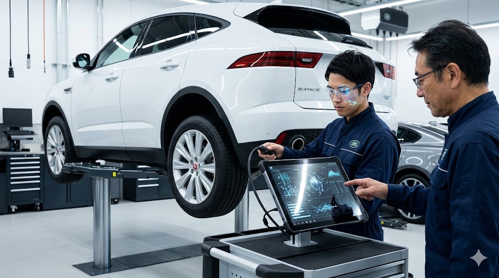 日本のジャガー正規ディーラーの整備工場で、リフトアップされたジャガーE-PACE（白）の車検整備を行うアジア人のメカニシャン（作業員）。専用の診断テスターを接続し、電子制御システムをチェックしている。