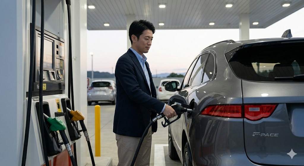 夕暮れのガソリンスタンドで、グレーのジャガーF-PACEに軽油（ディーゼル燃料）を給油する日本人男性