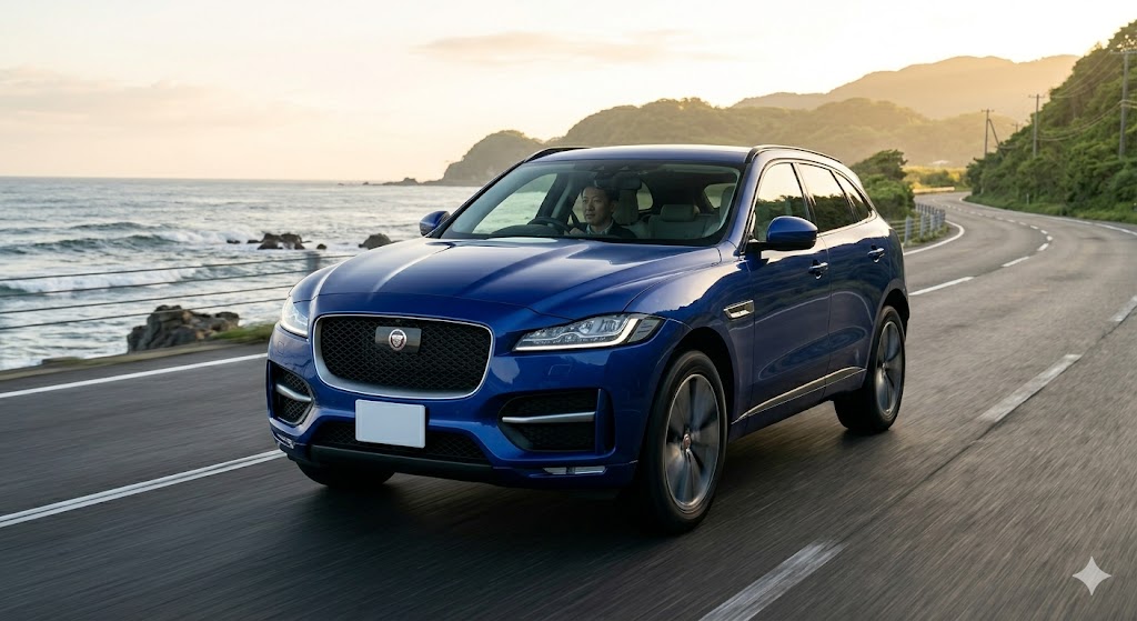 朝日を浴びて日本の海岸線を軽快に走行する、ダークブルーのジャガーF-PACE SUV