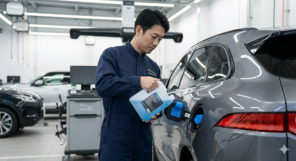 ジャガー正規整備工場で、F-PACEの専用補充口にAdBlue（アドブルー／尿素水）を注入する日本人整備士