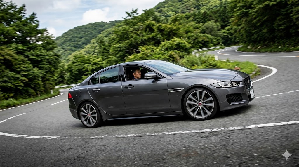 ワインディングロードを軽快に駆け抜けるジャガーXE（ダークグレー）。スポーツカーのような低いフォルムと、ハンドリングの良さを予感させる躍動感のある走り。