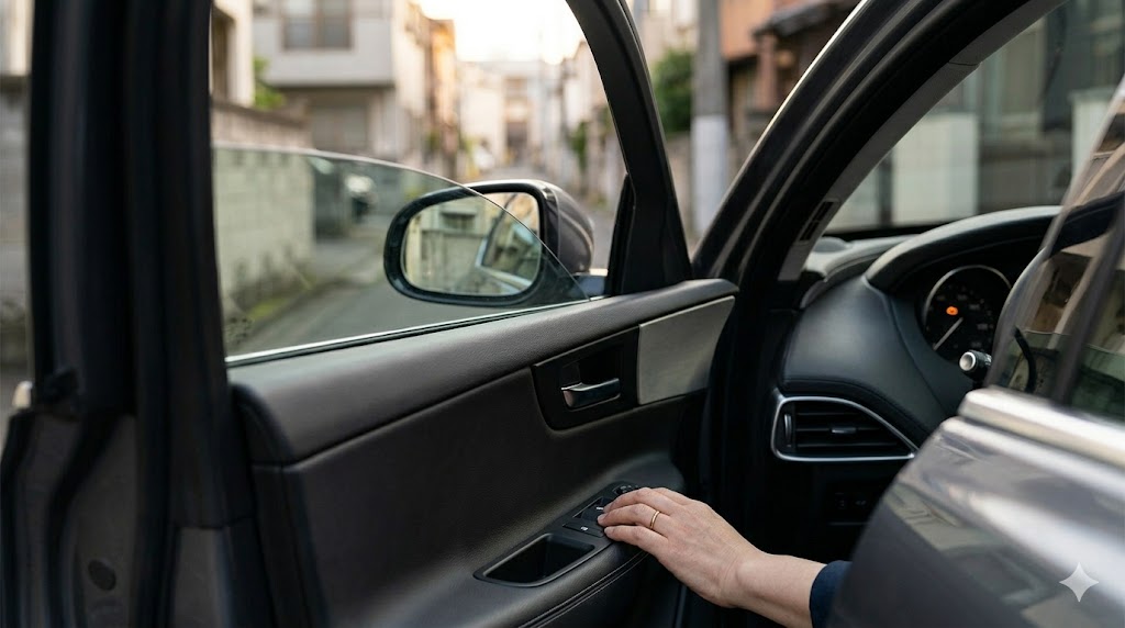 ジャガーXEの運転席ドアパネル。パワーウィンドウのスイッチ付近を指差す女性オーナーの手。XEで報告の多い、窓が閉まらなくなる等のマイナートラブルの例。